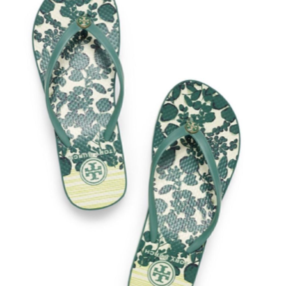 Tory Burch Green Leaf Print Rubber Flip Flop Sandals Tropical Resort Summer - Picture 14 of 14